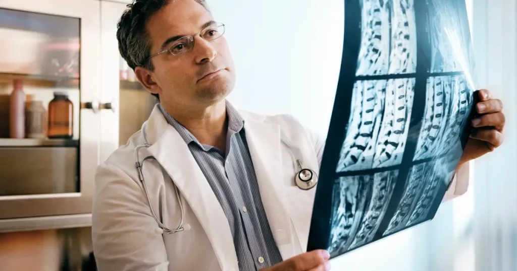 Current image: doctor holding up and viewing spine X-rays